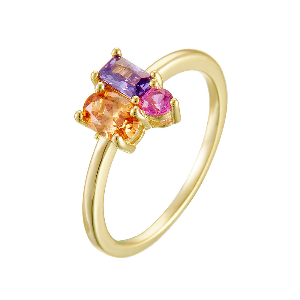 S925 Silver Geometric Rectangular Oval Colored Zircon Ring Wind Colored Treasure Ring