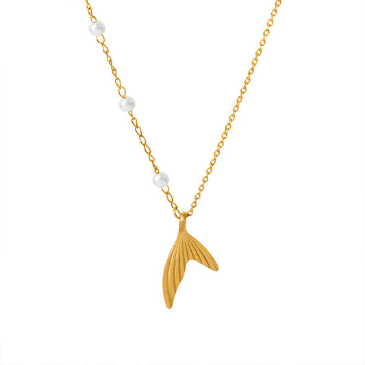 Elegant Mermaid Tail Pendant Necklace with Imitation Pearl - Gold-Plated Beauty