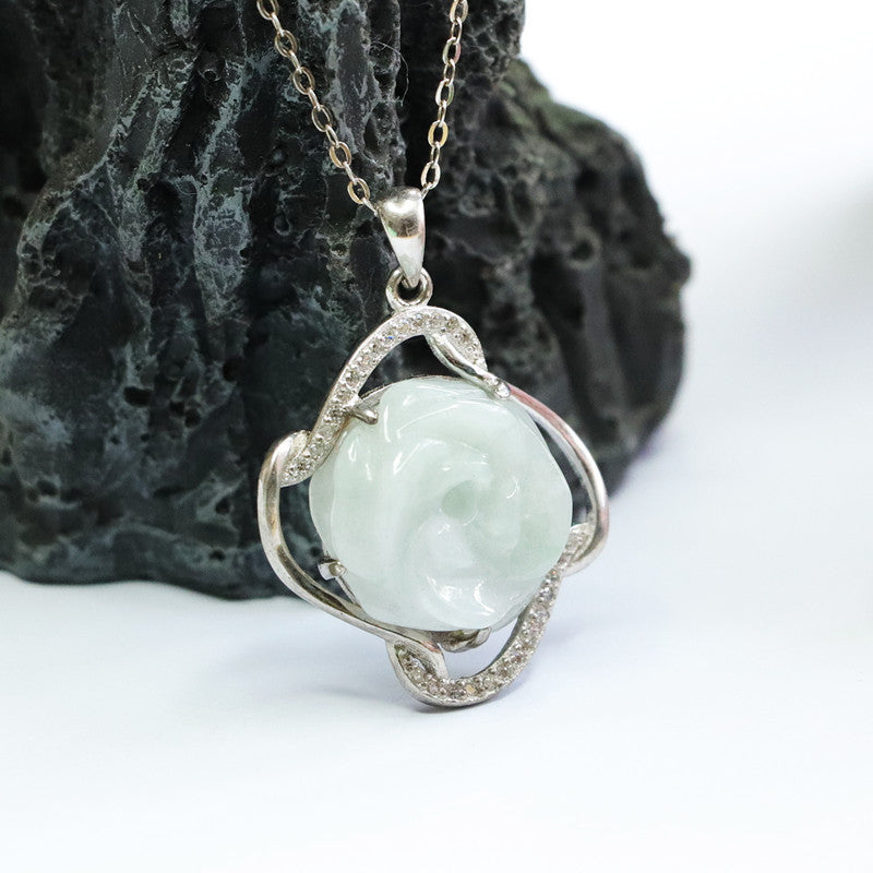 Elegant A Grade Rose Jade Pendant Necklace in Sterling Silver