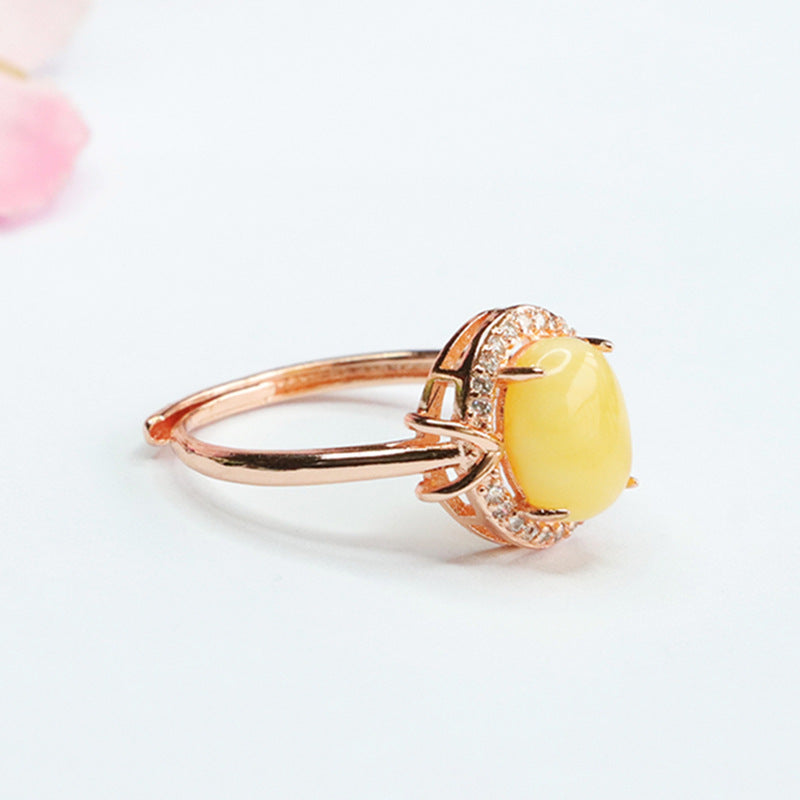 Golden Halo Adjustable Ring with Beeswax Amber Gem