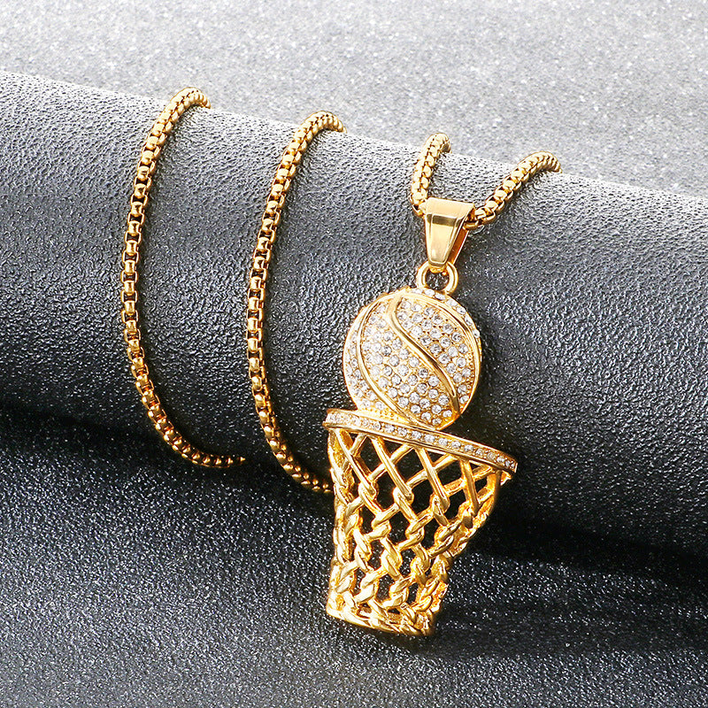 Full Of Zircon Ancient Roman Coins Round Pendant, Hip Hop Hiphop Sports Basketball Necklace