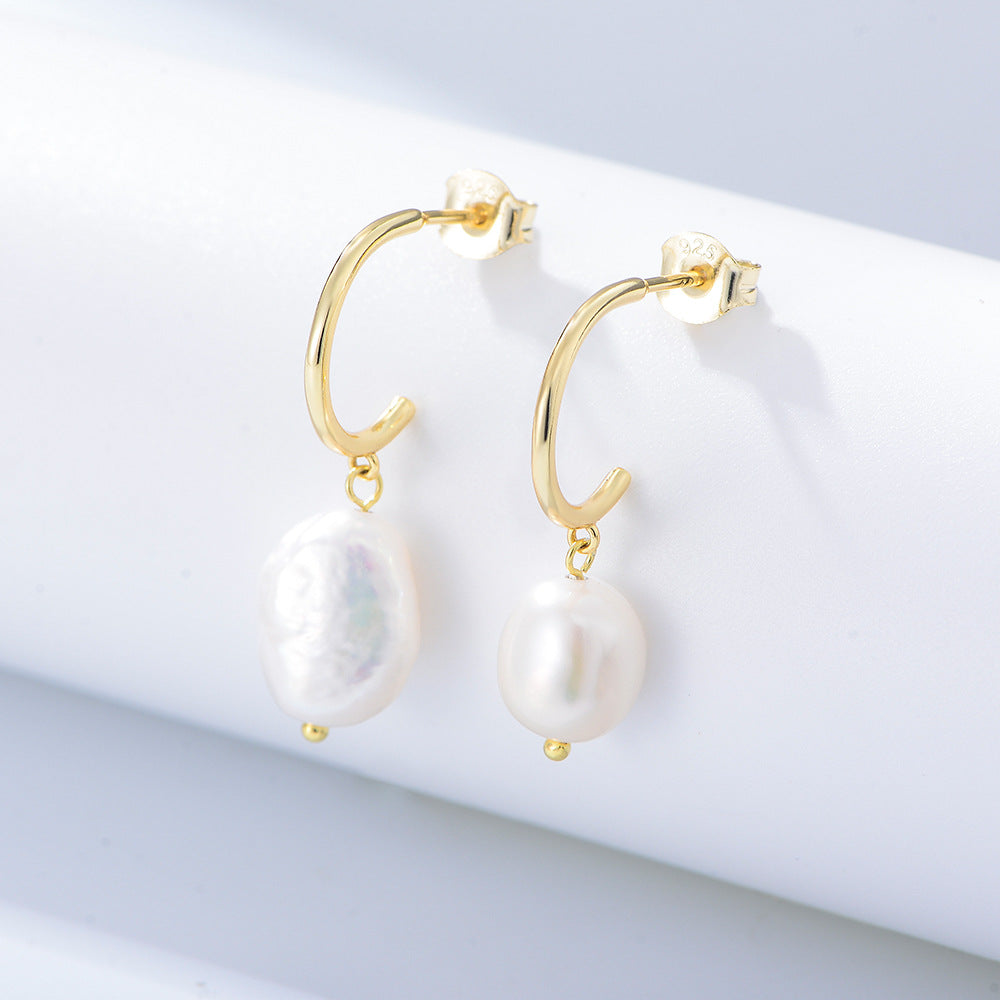 S925 Sterling Silver Irregular Freshwater Pearl Stud Earrings Pendant Baroque Pearl Earrings