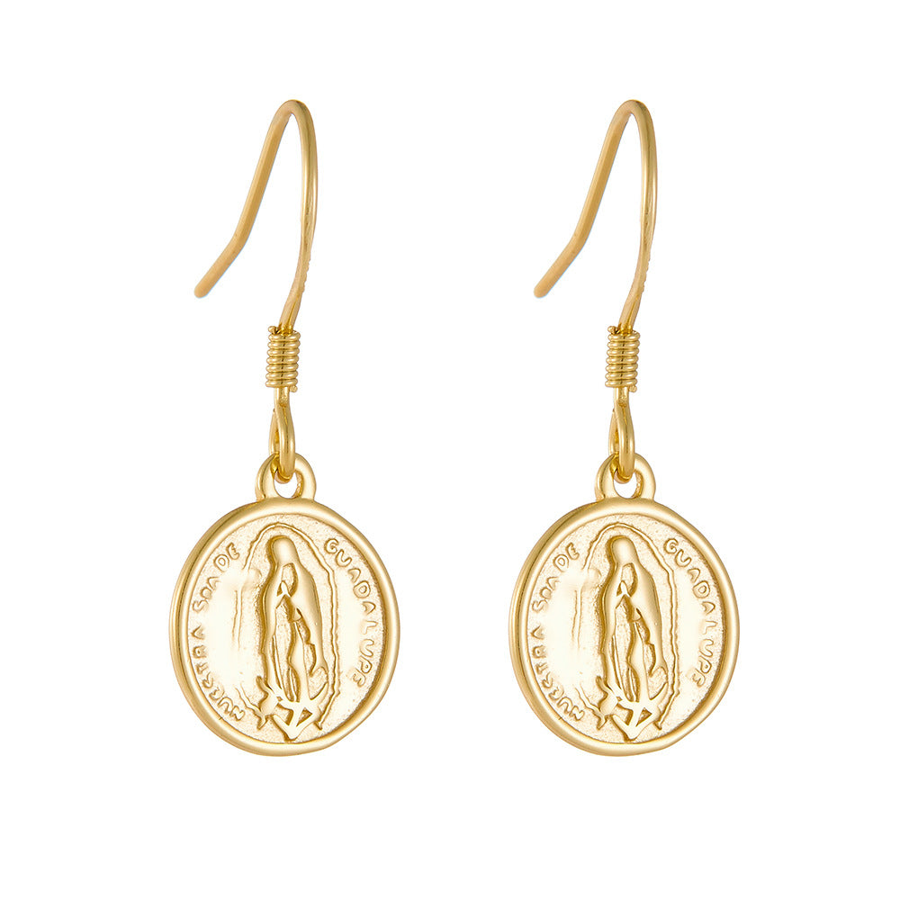 925 Sterling Silver Circle Coin Earrings Style Retro Round Brand Virgin Mary Relief