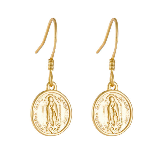 925 Sterling Silver Circle Coin Earrings Style Retro Round Brand Virgin Mary Relief