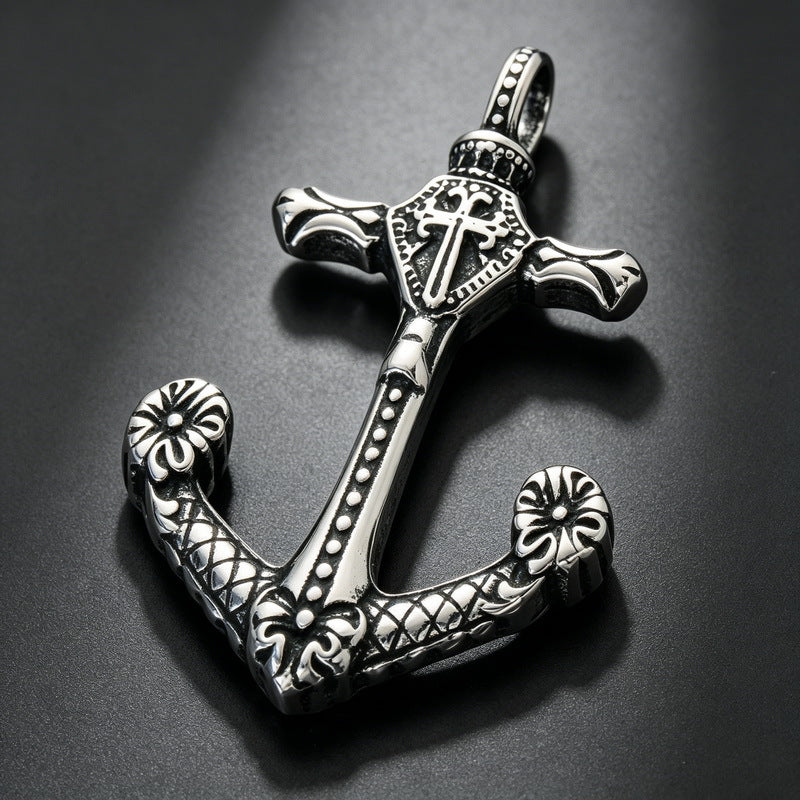 Vintage Celtic Carved Cross Anchor Necklace Iris Anchor Skull Stainless Steel Men's Pendant