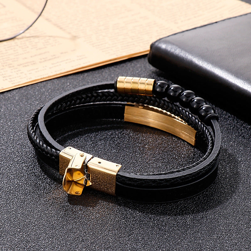 Planderful Mens Personalized Woven Leather Beaded Bracelet