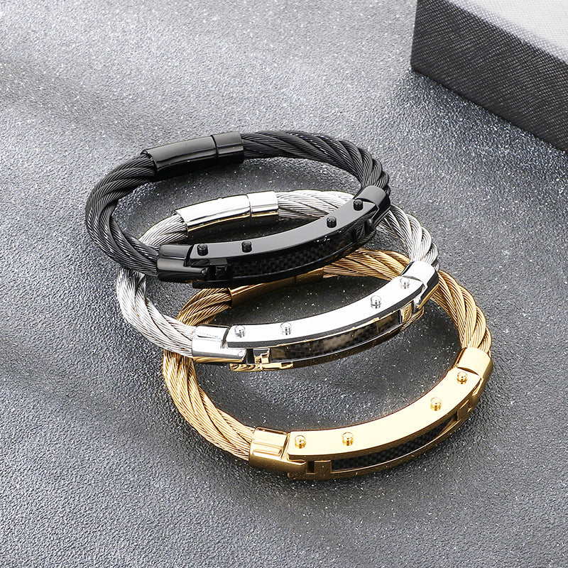 Hip-Hop Style Carbon Fiber Curved Bar – Braided Wire Steel Wire Stainless Steel Men's Bracelet