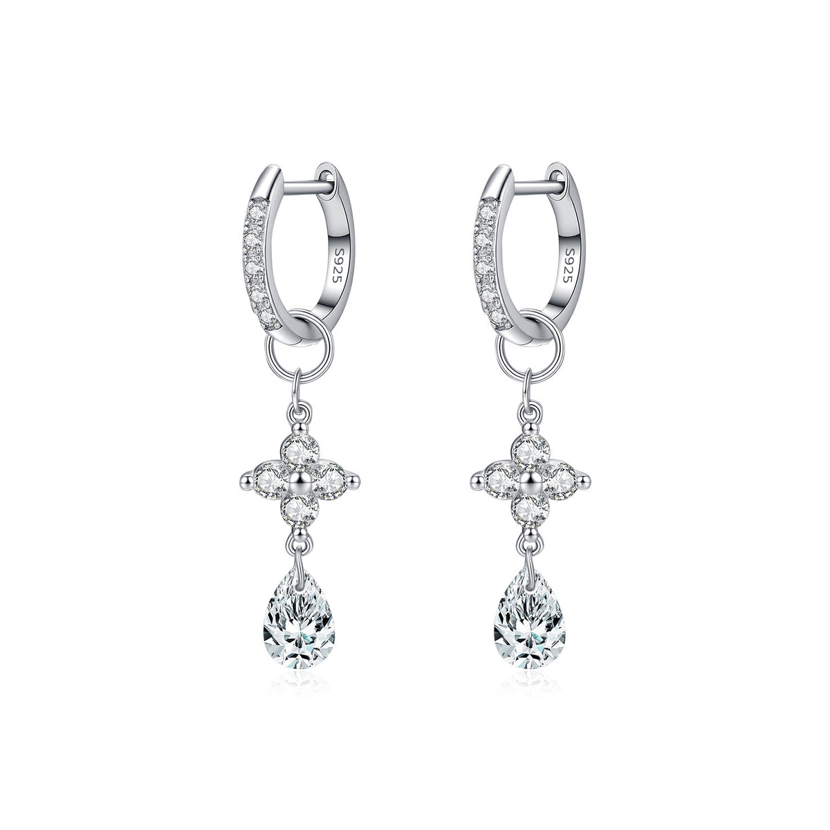 925 Sterling Silver Clover Heart Teardrop Moissanite Earrings