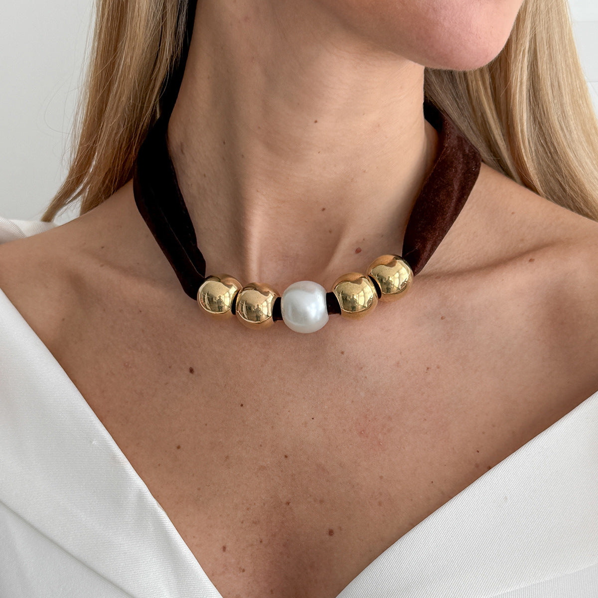 Knotted Fabric Pearl Bead Necklace