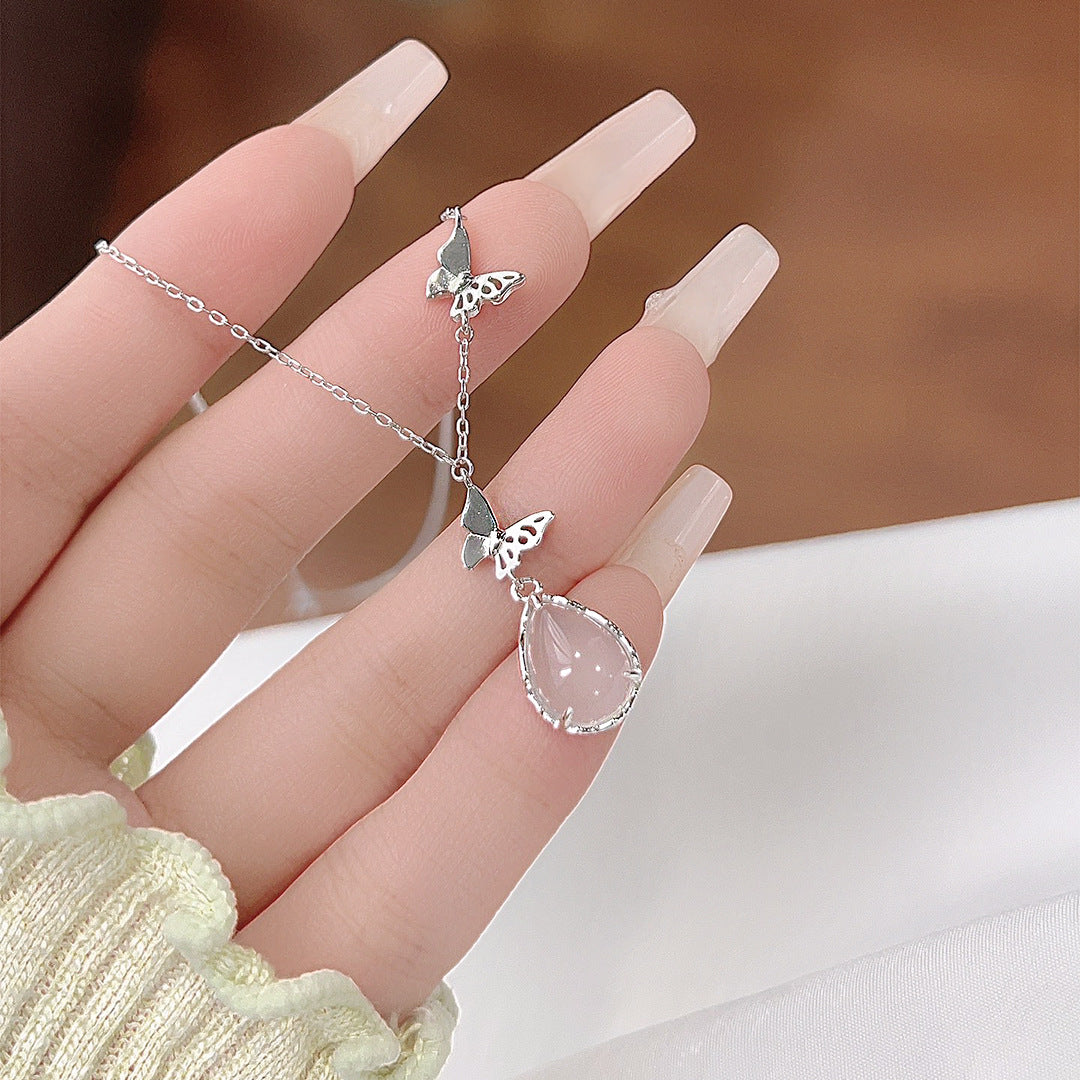 S925 Sterling Silver Natural Chalcedony Butterfly Necklace