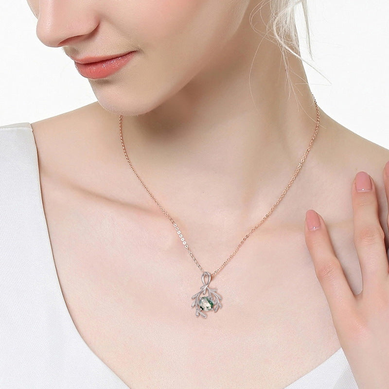 S925 Sterling Silver Moss Agate Pendant Necklace