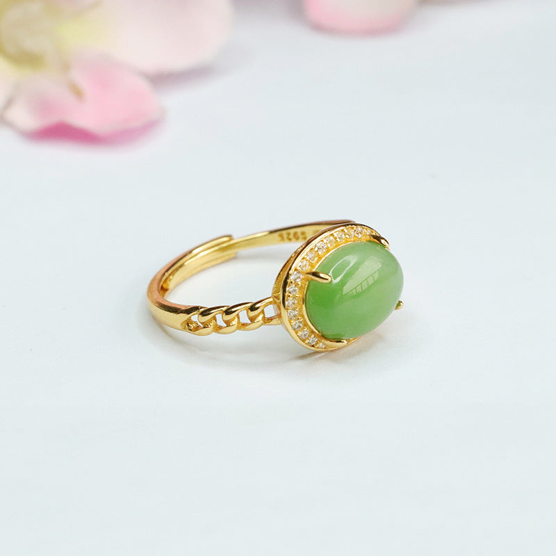Jade Jasper Zircon Halo Ring - Adjustable Oval Silver Ring