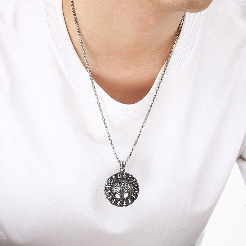 Nordic Viking Mythology Ouroboros Tree Of Life Pendant, Retro Round Stainless Steel Men's Necklace