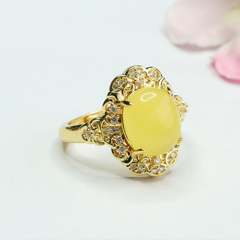 Auspicious Cloud Ring with Natural Beeswax Amber and Zircon - Sterling Silver Jewelry for Women