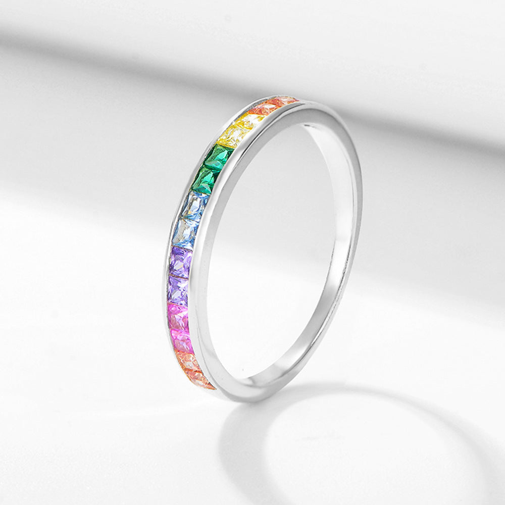 Accessories S925 Sterling Silver Micro-Inlaid Square Rainbow Zircon Ring Jewelry