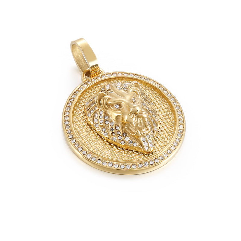 Rock Hip Hop Round Pendant, Retro Electroplated 18k Gold Slightly Inlaid Zircon Lion Necklace