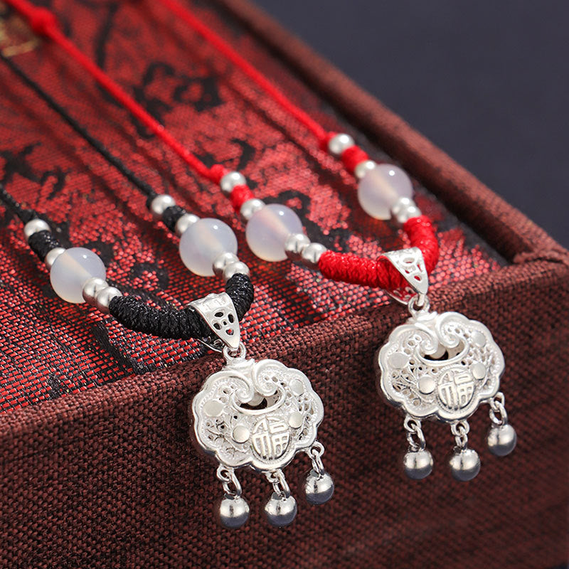 999 Silver Agate Red Cord Necklace