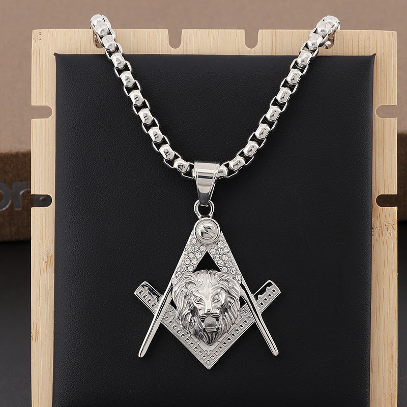 Stylish Stainless Steel Masonic Lion Head Pendant with Zircon Accents for Men