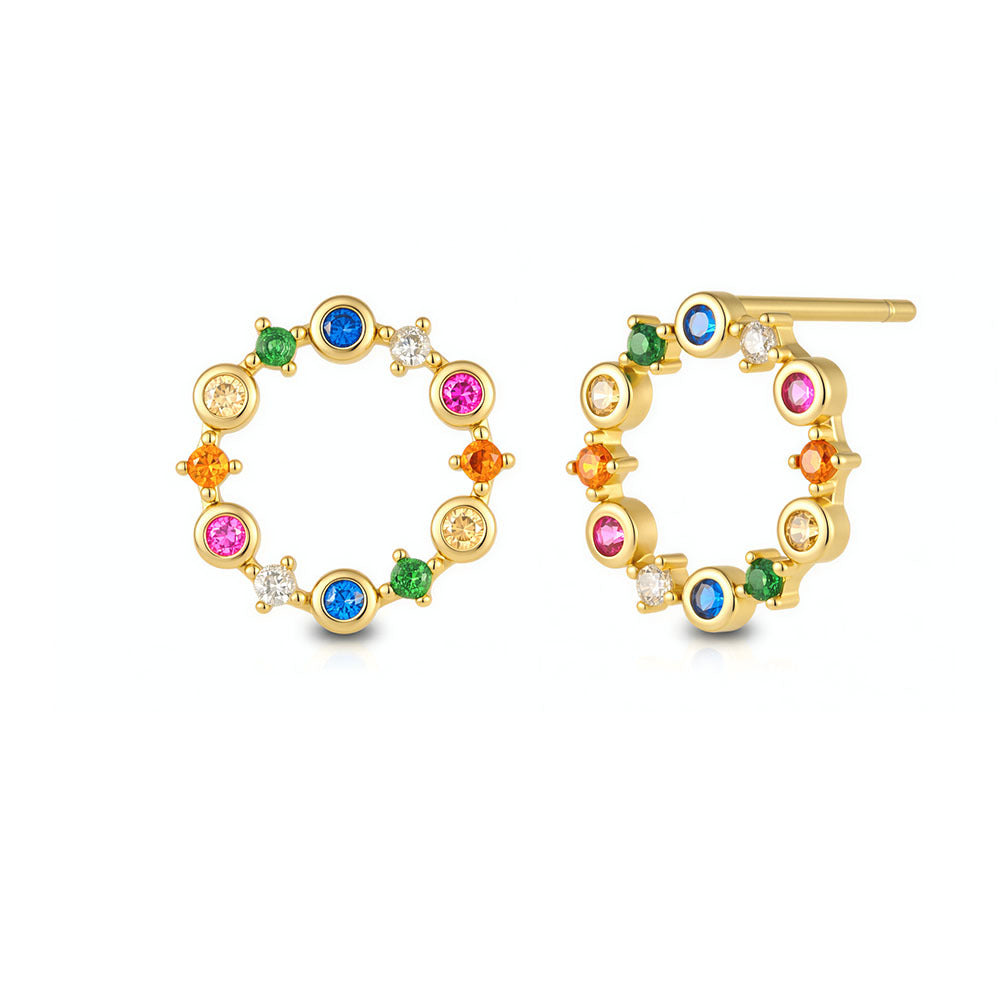 Color Zircon Hollow Circle Stud Earrings 925 Sterling Silver Retro Zircon Rainbow Earrings