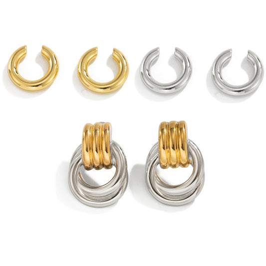 Planderful C Shaped Stainless Steel Ear Clip Earrings with Contrasting Knot Detail For Women Statement Jewelry