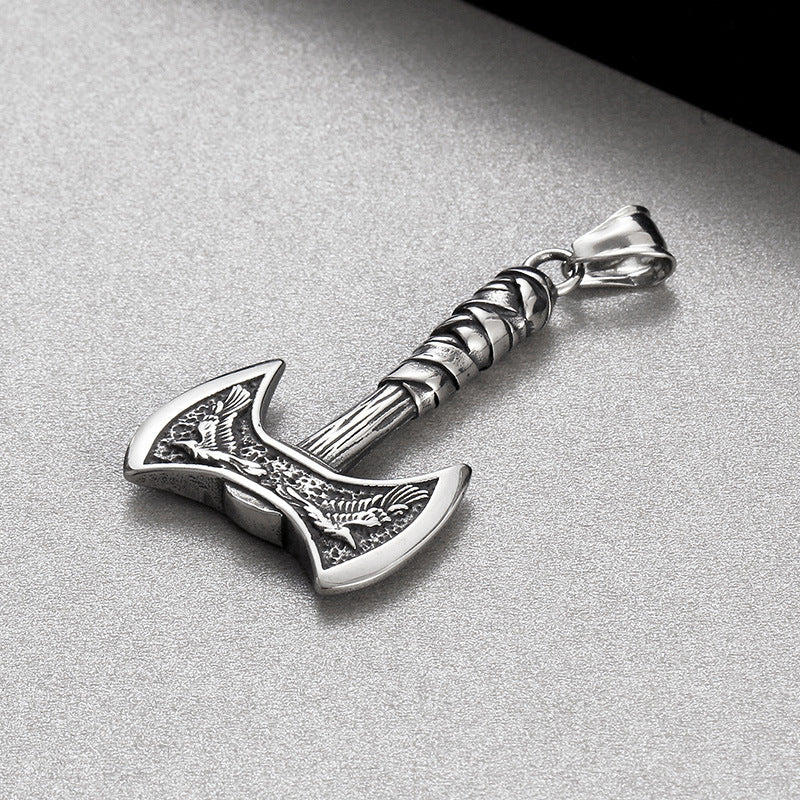 Titanium Steel Viking Crow Double-Headed Axe Pendant for Men - Nordic Mythology Inspired Hip-Hop Jewelry