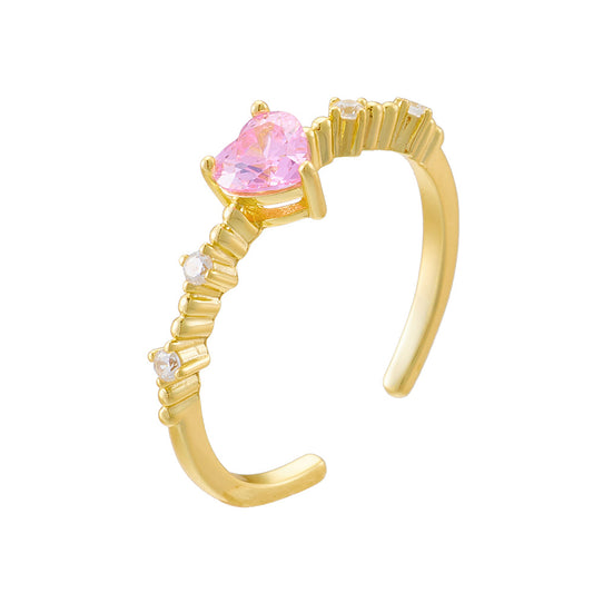 S925 Sterling Silver Pink Heart-Shaped Zircon Open Ring Small Fresh Super Fairy Love
