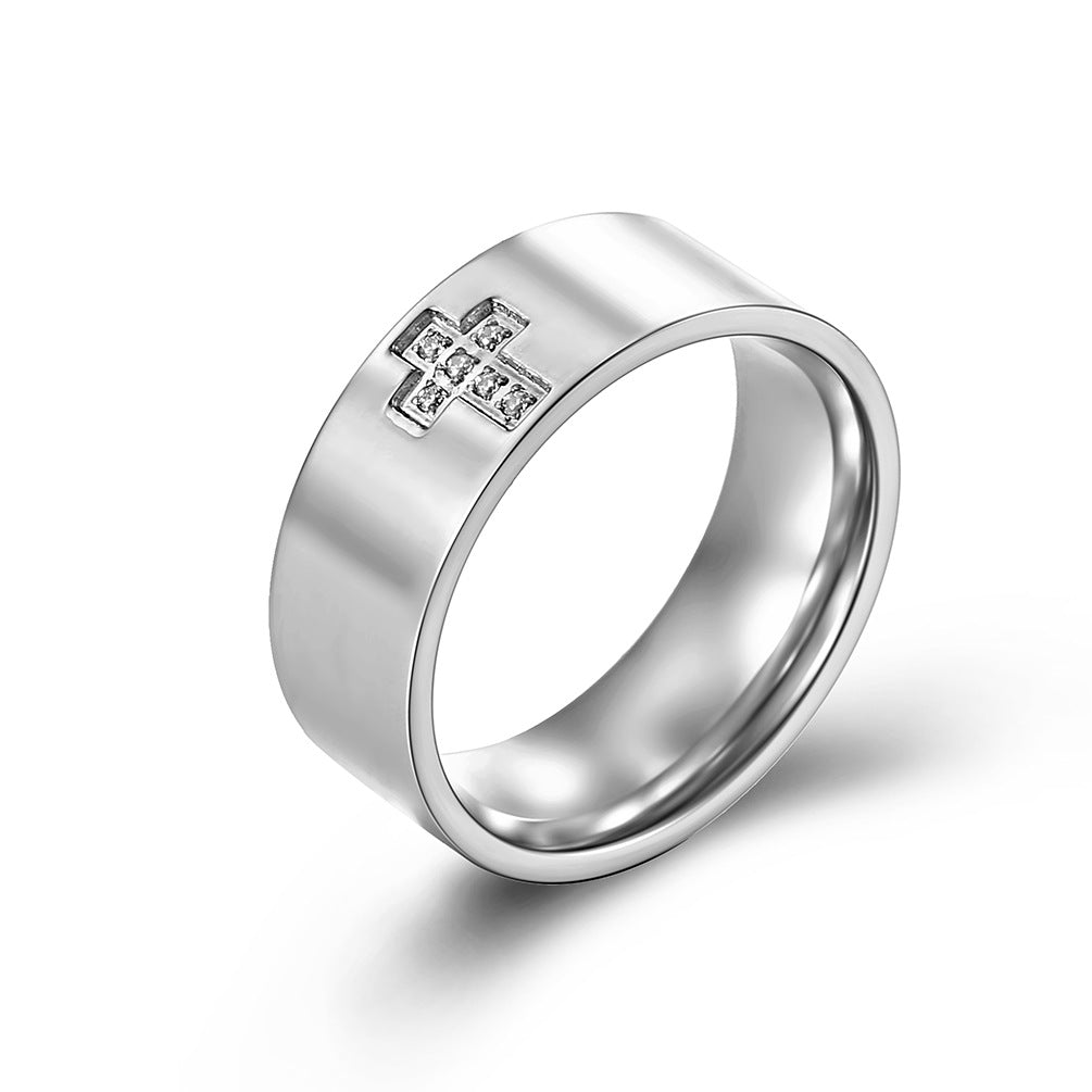 Planderful Everyday Genie Mens Korean Style Zircon Cross Ring Glossy Simple Personality Trendy Accessory