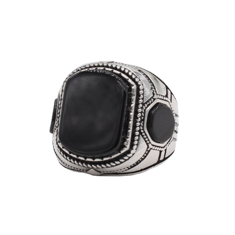 Planderful Titanium Steel Ring Unisex Retro Style Black Stone Protection Everyday Genie Statement