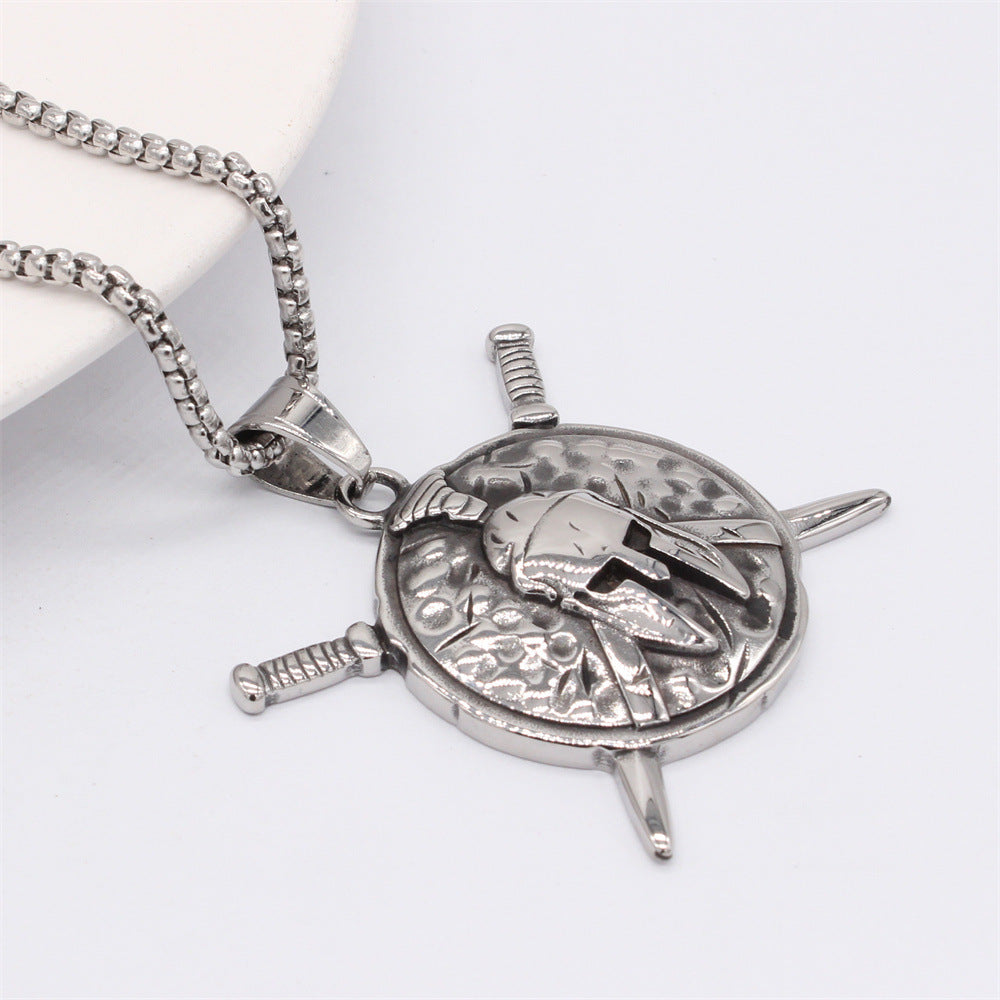 Spartan Helmet Pendant Double Sword Titanium Steel Unisex Jewelry By Planderful For Men And Women