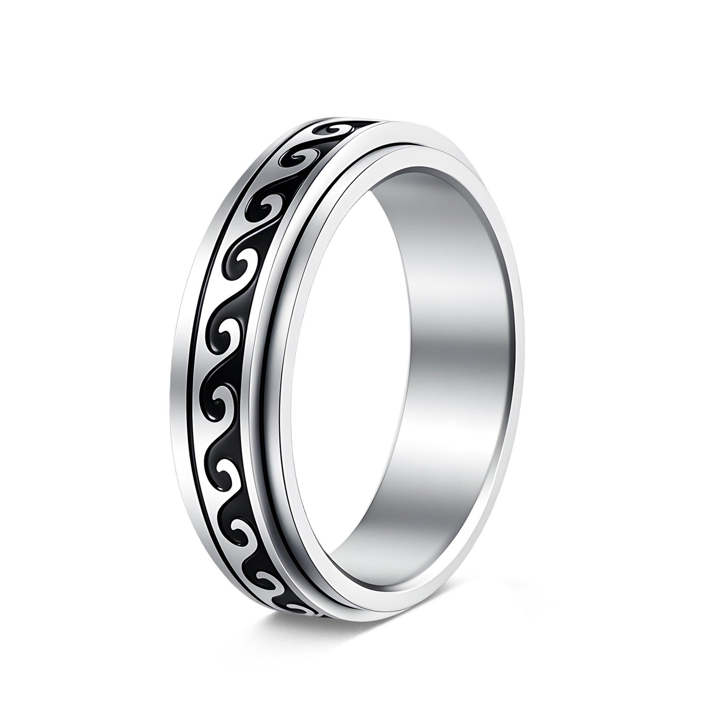 Planderful Everyday Genie Rotating Decompression Ring Stainless Steel Wave Pattern Unisex Stress Relief