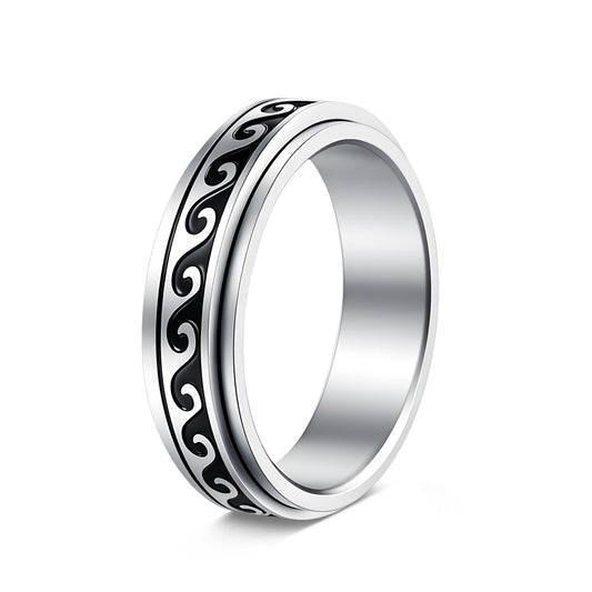 Planderful Everyday Genie Rotating Decompression Ring Stainless Steel Wave Pattern Unisex Stress Relief