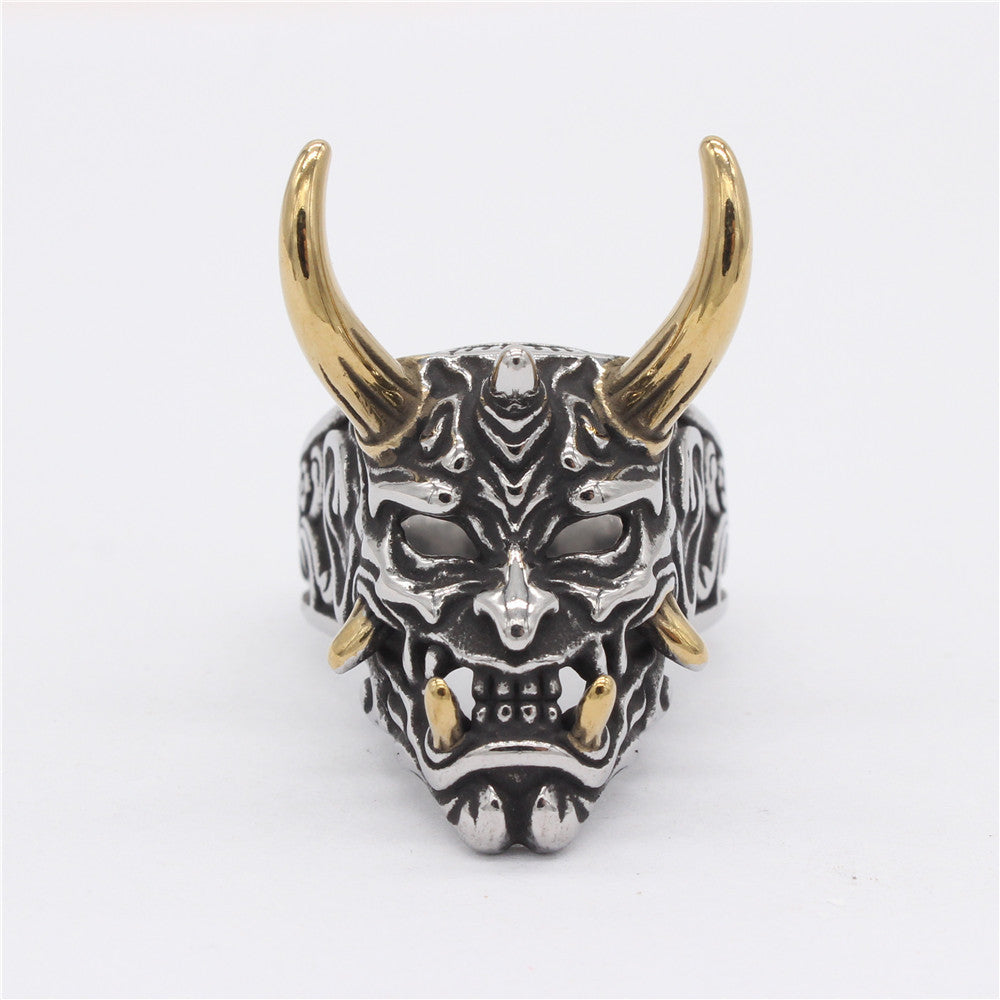 Halloween Long Horned Devil Skull Titanium Steel Ring for Men