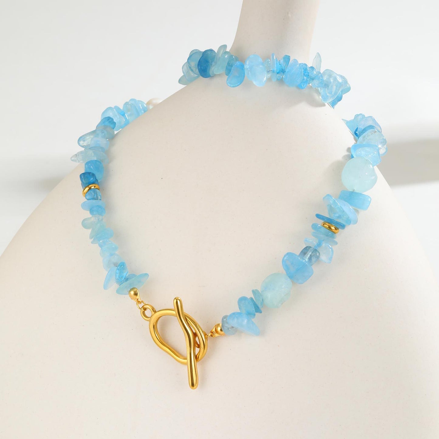 Summer Small Fresh Stainless Steel Toggle Clasp Aquamarine Irregular Natural Gravel Necklace