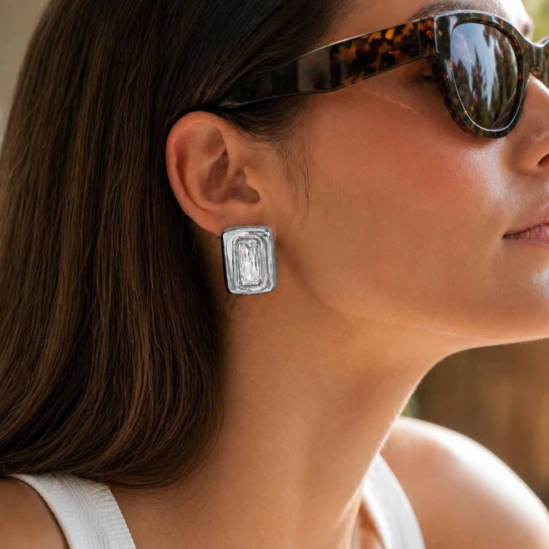 Stainless Steel Stud Earrings Retro Geometric Square Industrial Design Zircon Accent For Women By Planderful