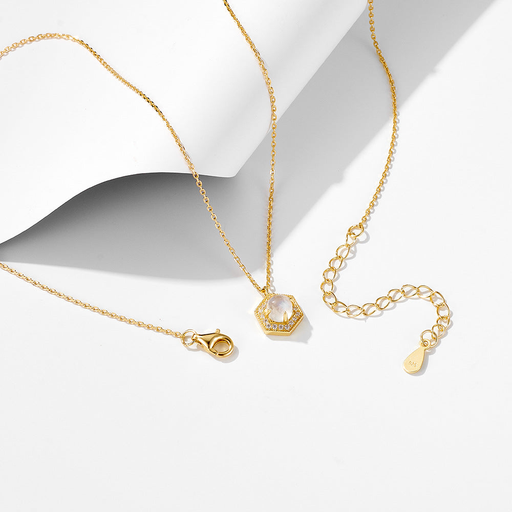 Retro Minimalist Geometric Hexagonal Natural Moonstone Pendant Necklace High-End