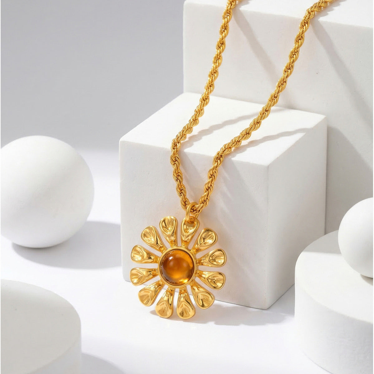 Stainless Steel French Flower Natural Tiger's Eye Necklace