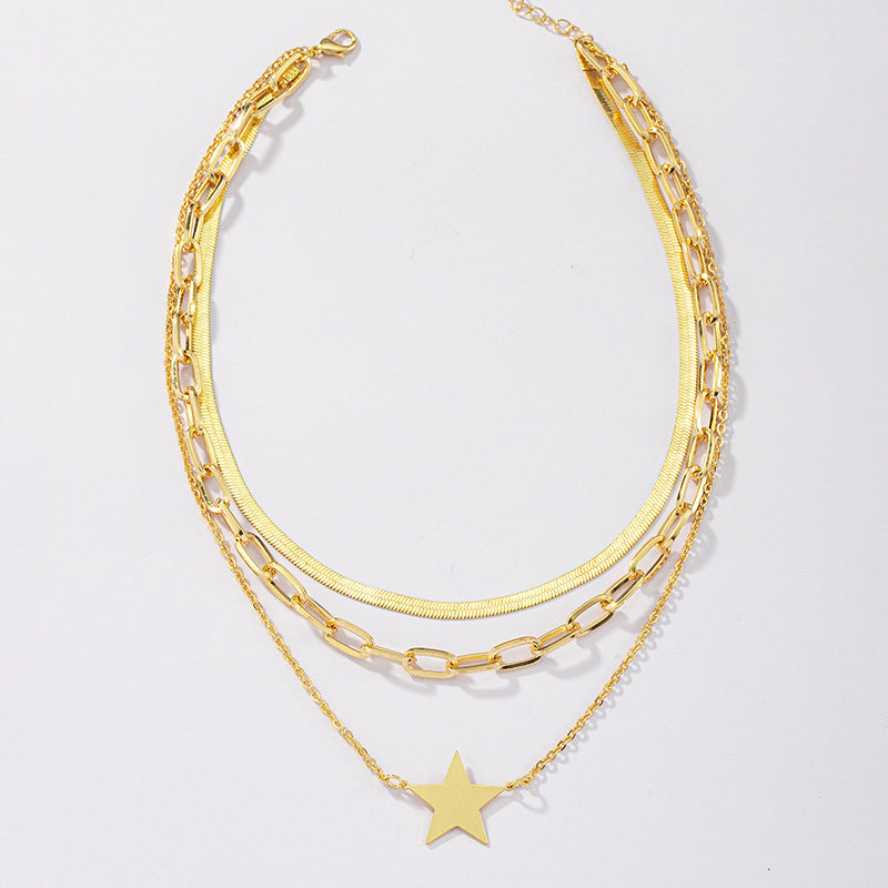 European and American Fashion Necklace with Three-Layer Star Design
