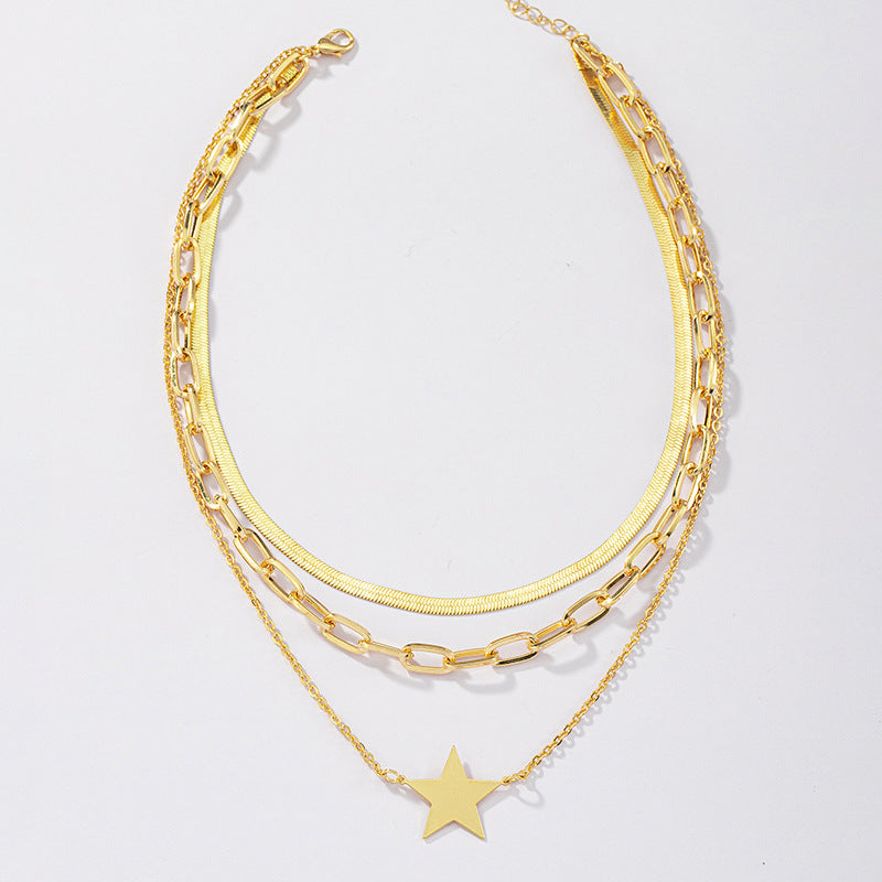 European and American Fashion Necklace with Three-Layer Star Design