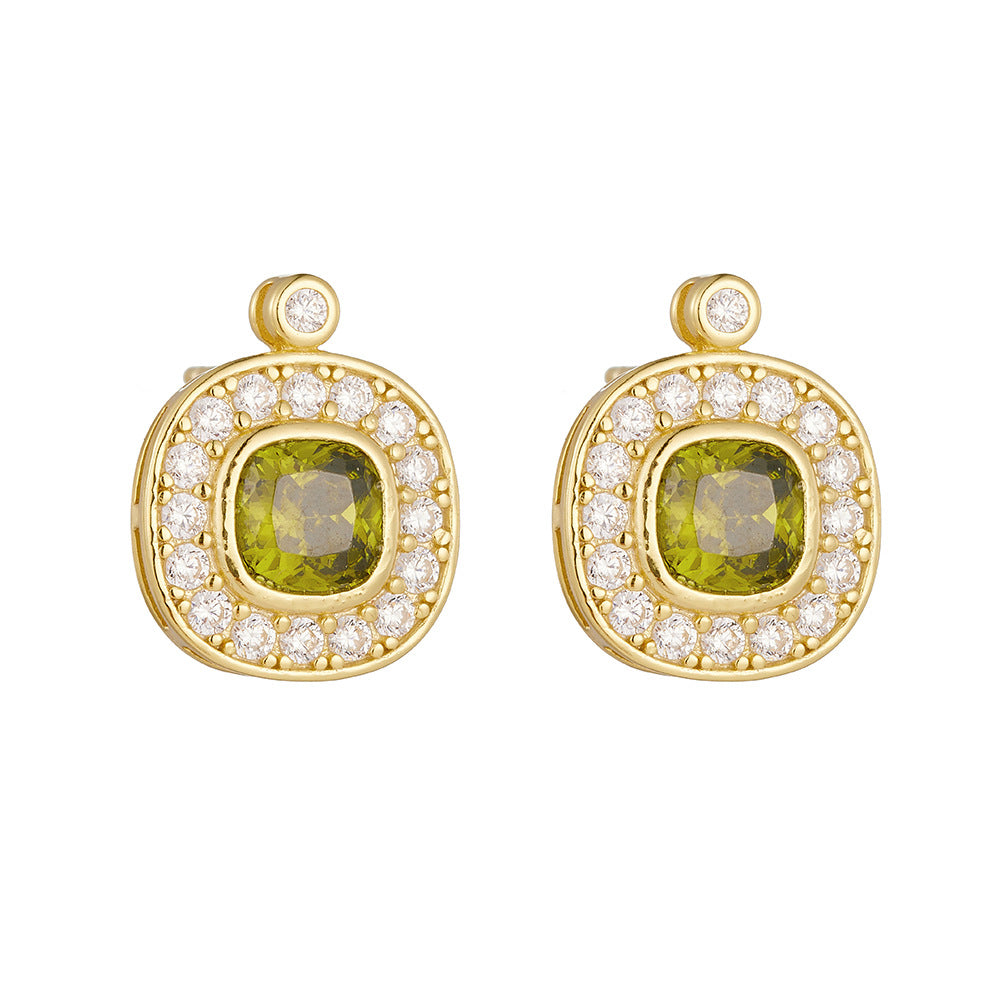 S925 Sterling Silver Retro Court Olive Green Zircon Stud Earrings Geometric Oval Inlaid