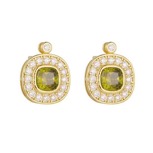 S925 Sterling Silver Retro Court Olive Green Zircon Stud Earrings Geometric Oval Inlaid