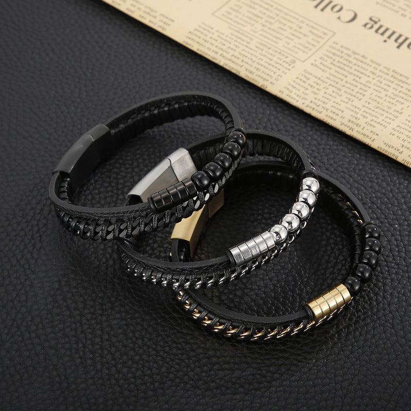 Planderful Men Punk Bracelet Magnetic Buckle Leather Rope