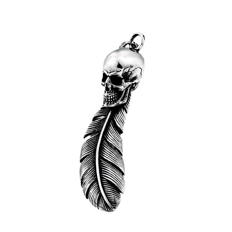 Trendy Titanium Steel Punk Skull Pendant with Big Feather for Men and Women