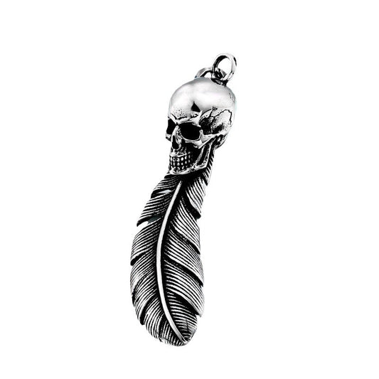 Trendy Titanium Steel Punk Skull Pendant with Big Feather for Men and Women