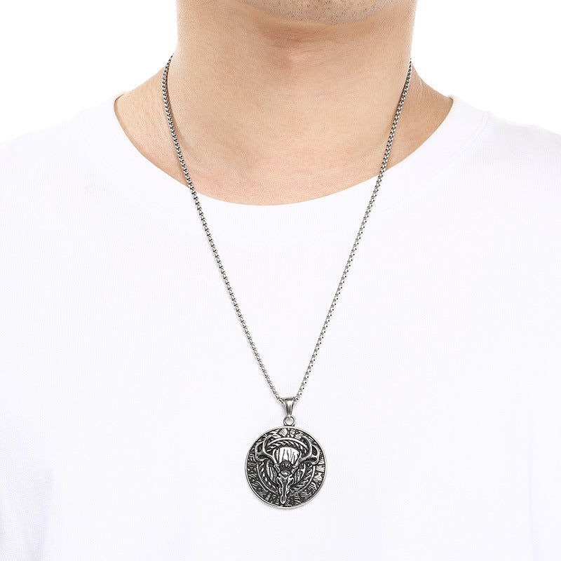 Viking Mythology World Tree Double Wolf Disc Pendant, Nordic Luhn Rune Crow Deer Necklace