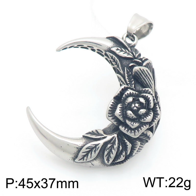 Gothic Style Dark Crescent Rose Pendant, Punk Vintage Skull Moon Titanium Steel Men's Necklace