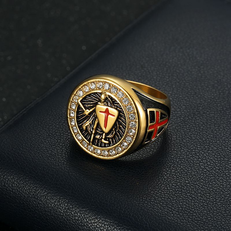 Planderful Gold Titanium Steel Ring For Men Bold Retro Templar Red Cross Shield Everyday Genie