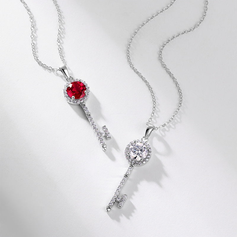S925 Sterling Silver Lab-Grown Ruby Key Minimalist Necklace