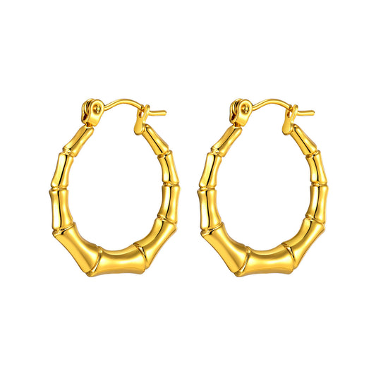 Stainless Steel C Shaped Bamboo Earrings Gold Women Fashion Jewelry