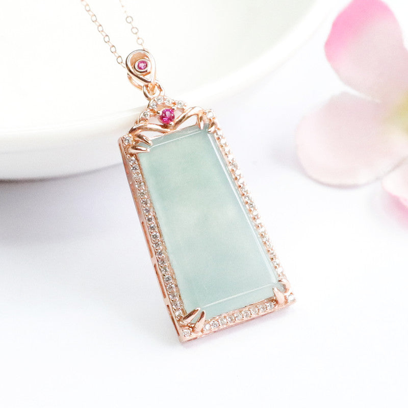 Emerald and Jade Trapezoid Necklace with Zircon Accents