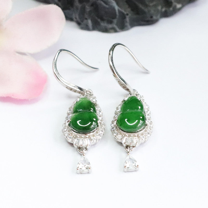 Icy Green Jadeite Gourd 925 Silver Hook Earrings